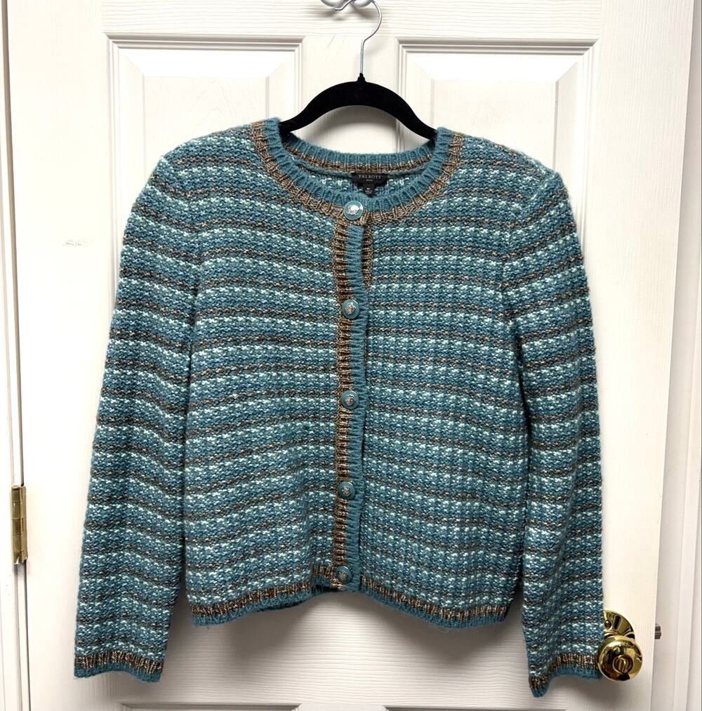 Talbots Sweater Cardigan Jacket Shoulder Pads Cropped Blue Crest Buttons Size MP